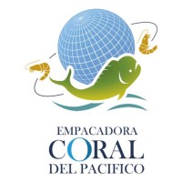 Logo of Empacadora Coral del Pacifico featuring a globe, green fish, two shrimp, and waves.