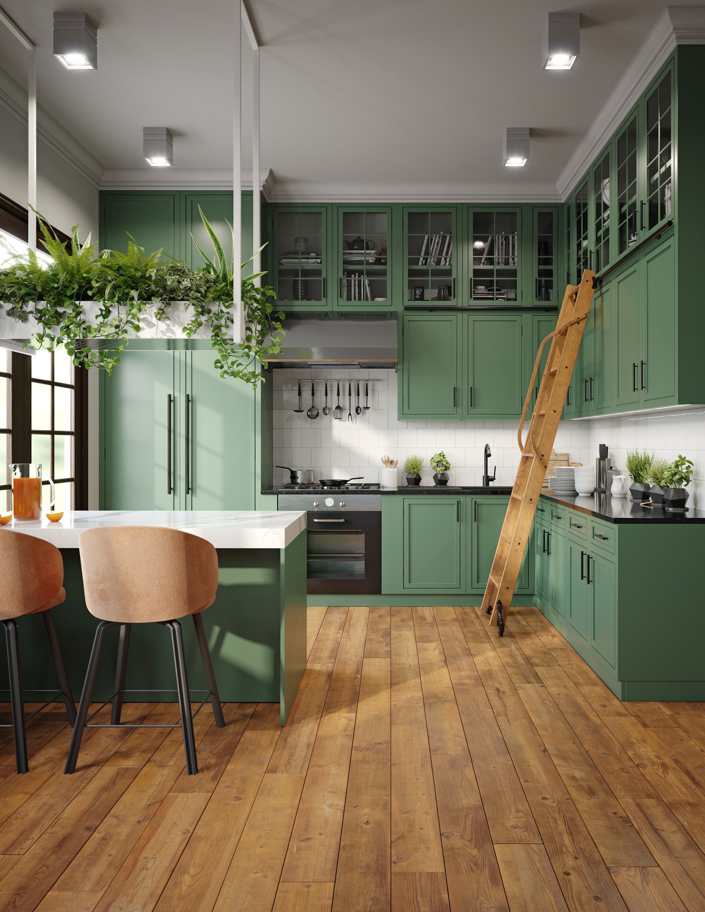 Green kitchen with white countertops, hanging plants, and wooden ladder. 3d render