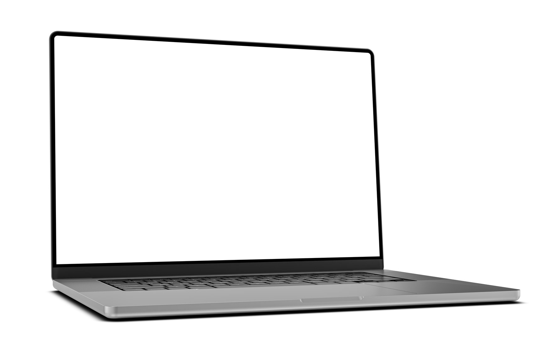 Laptop with an empty blank screen, displayed in perspective view. Perfect for showcasing designs, interfaces, or as a product mockup. CGI render
