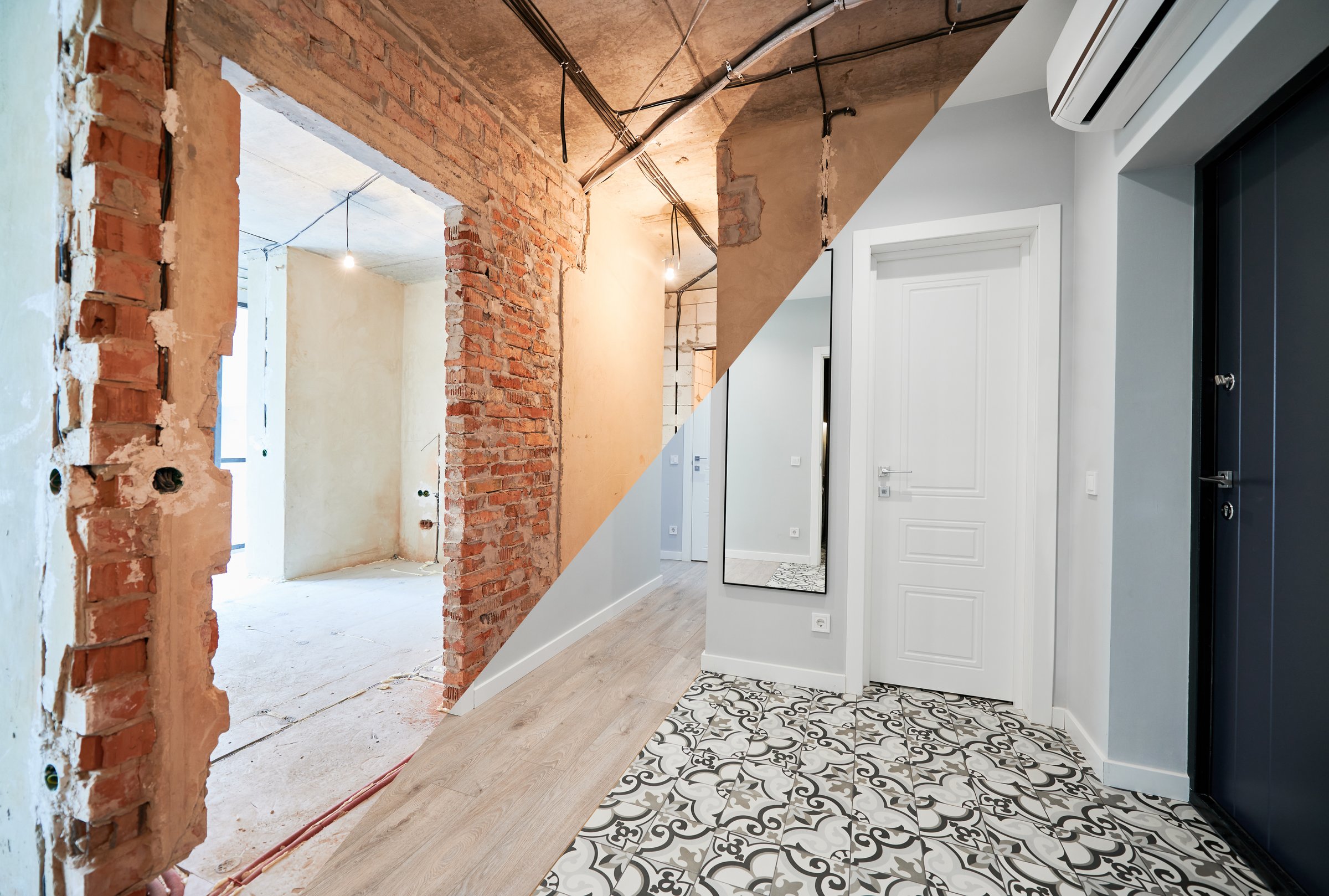 Comparison of old apartment with new renovated flat with doors and white walls. Photo collage of apartment before and after restoration. Home renovation concept.