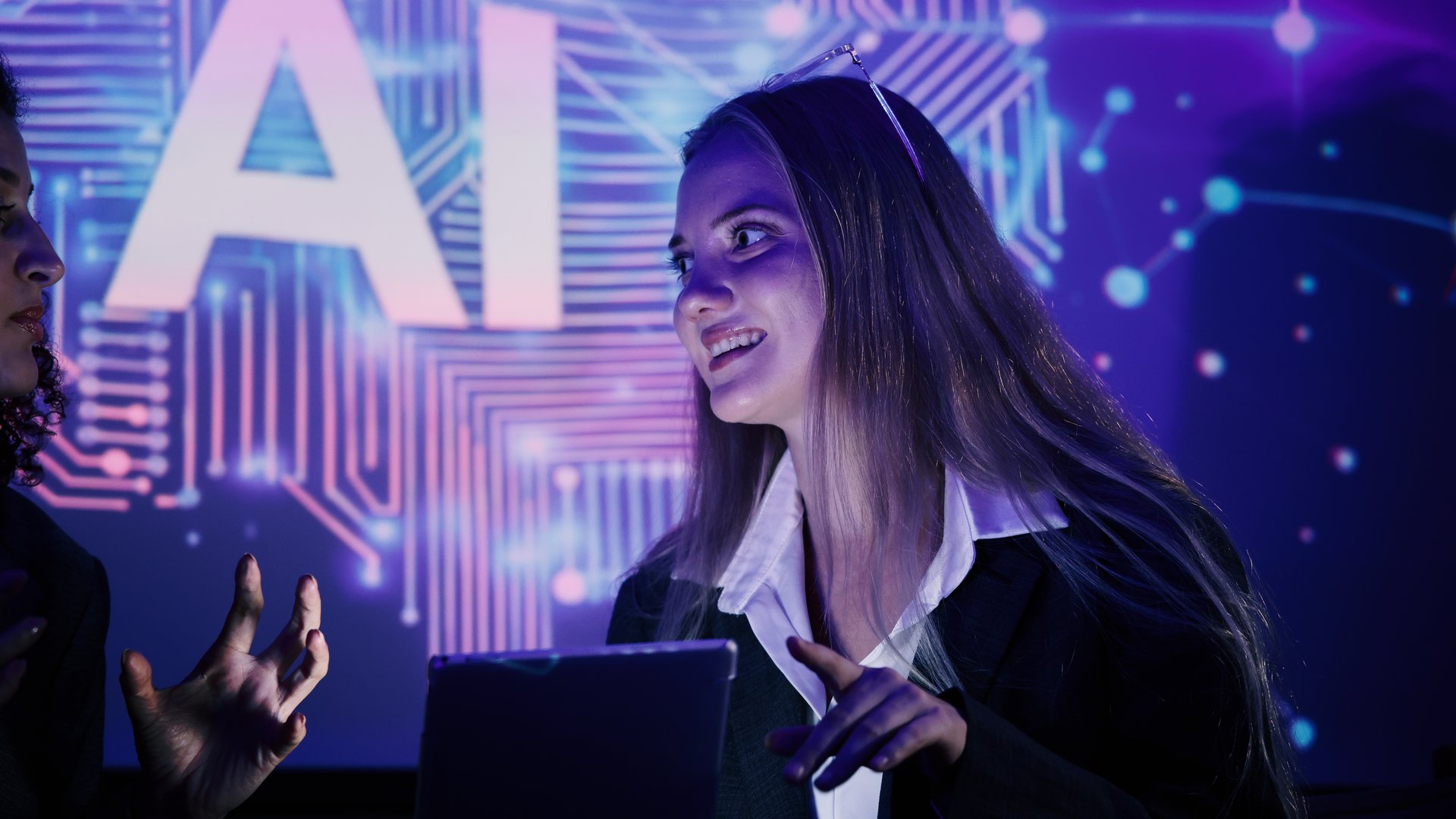 Ai using. Business team discussing and using artificial intelligence technology or Ai assistant. Futuristic innovation AI technology collaboration and ideas for future. Business Tech Startup meeting.