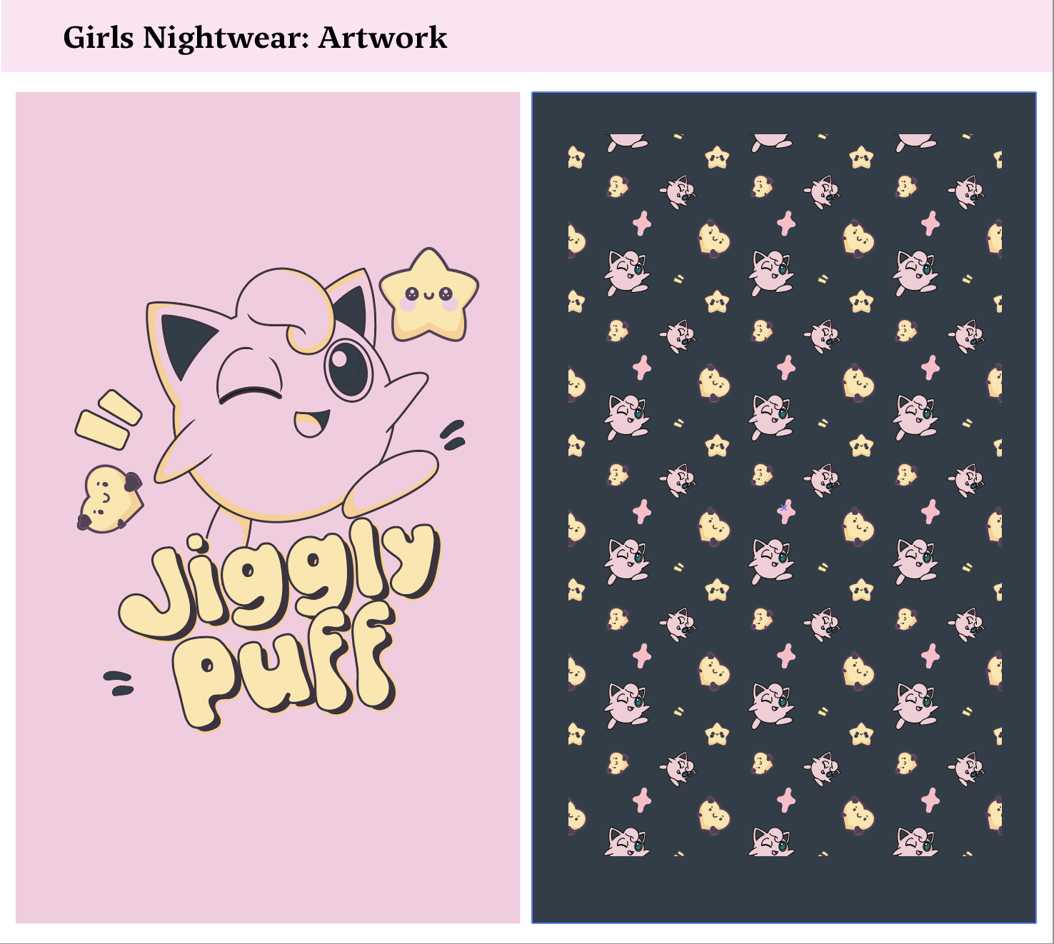 Jigglypuff character illustration on pink with text, and a navy blue pattern featuring Jigglypuff and stars.