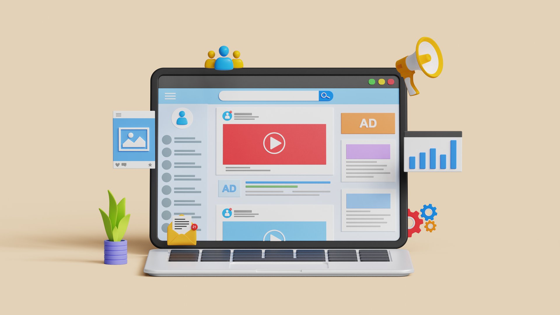 Digital marketing, social media advertising, SEO, PR via social media to drive sales or brand awareness concept. 3D social media page on laptop with marketing icons