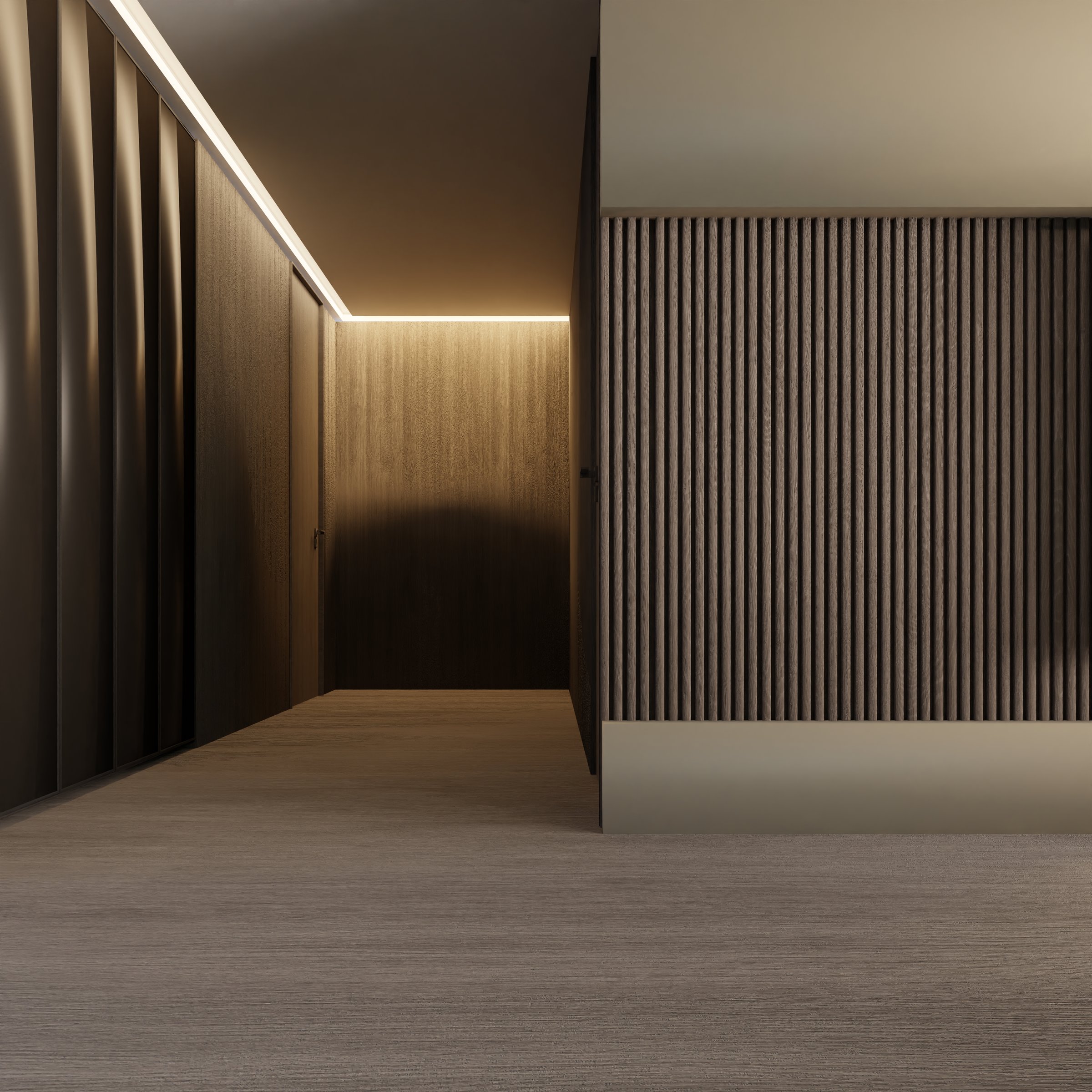 A hallway with a wooden wall and a light shining on it. The wooden wall has a natural texture and the light creates a warm and inviting atmosphere. The hallway is long.3d render