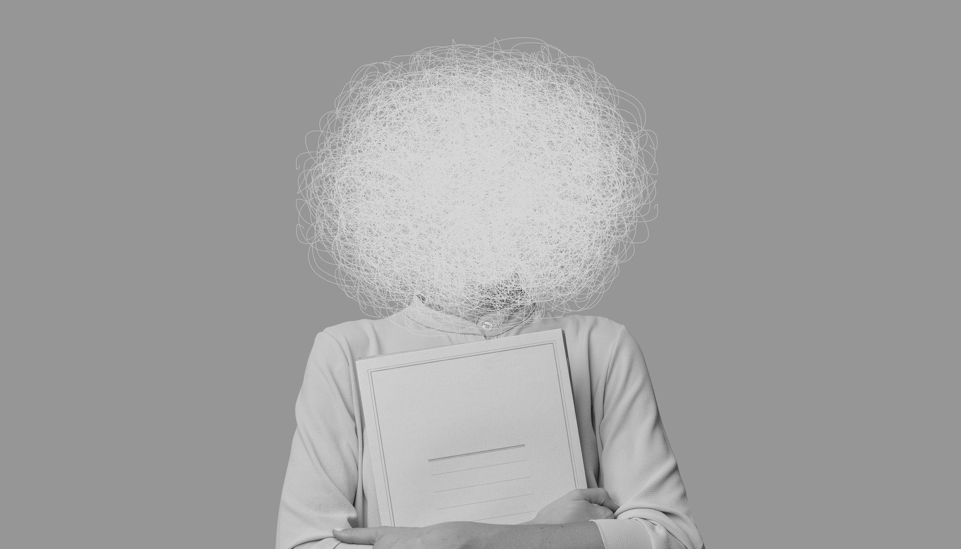 A woman with a tangled mass of lines obscuring his face, mental confusion.