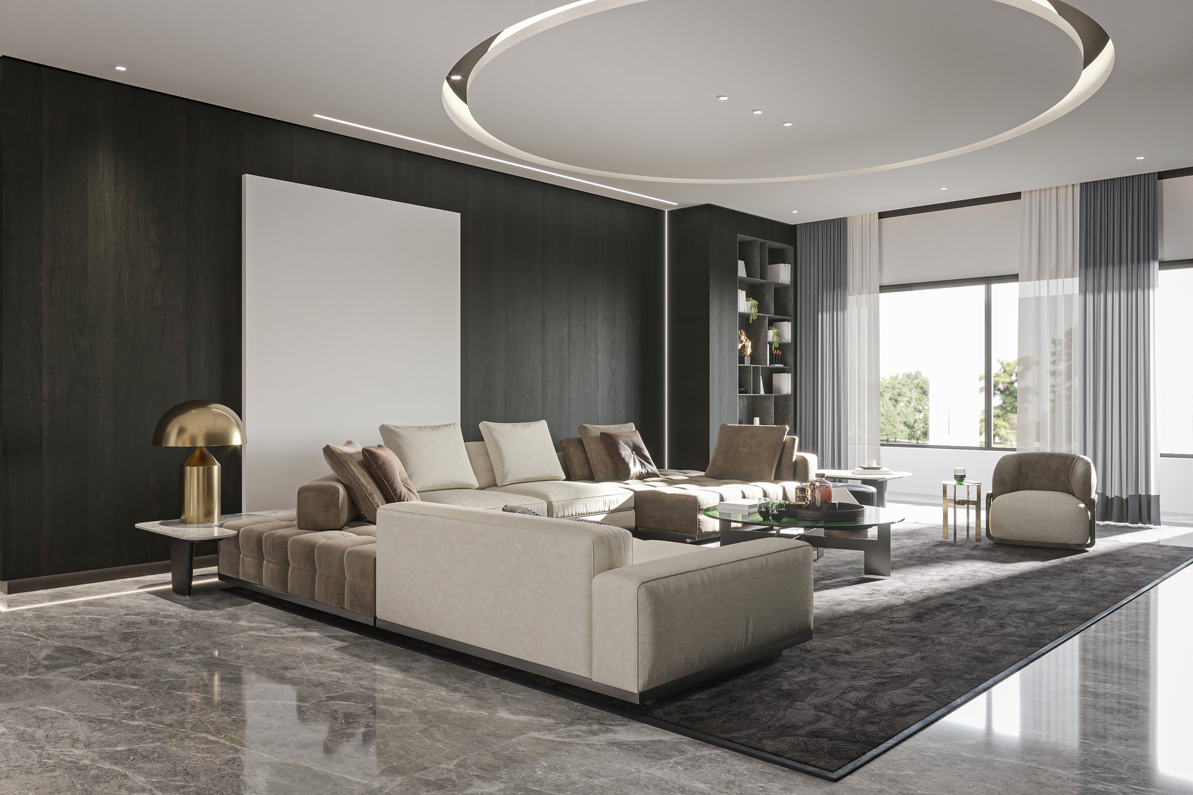 Contemporary Living Room- Curved Sofa, Marble Table, and City View