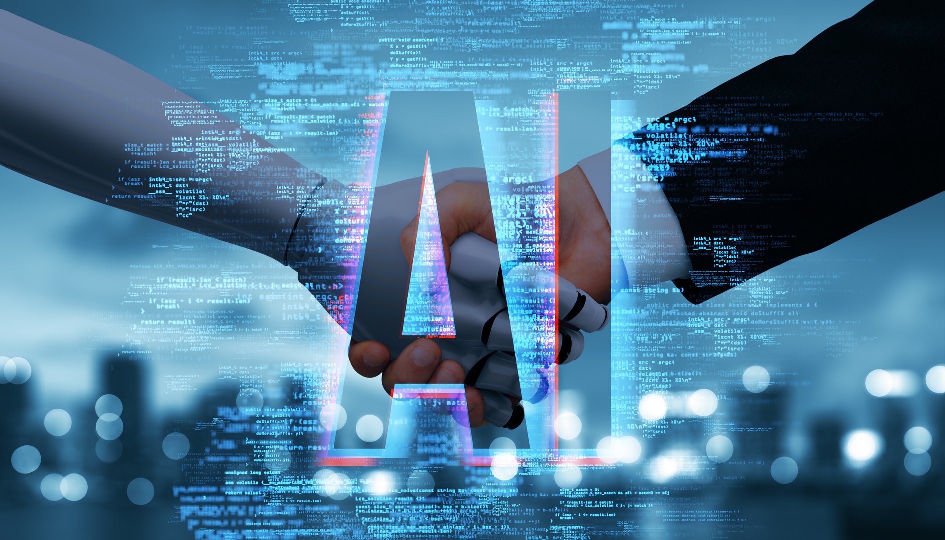 Robotic and human handshake symbolizing AI collaboration, futuristic digital background, glowing text overlay, concept of partnership