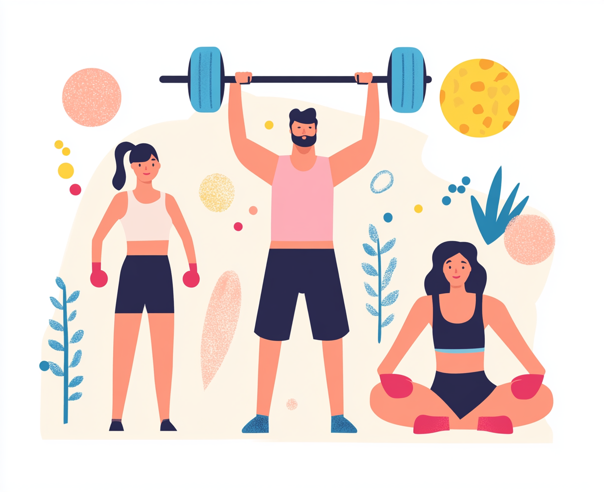 Illustration of three people exercising; one lifting weights, one standing, and one sitting, surrounded by abstract shapes.