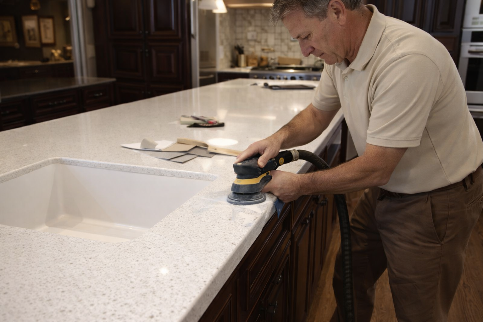 Professional Corian repair technician polishing buffing solid surface countertop New York New Jersey Connecticut