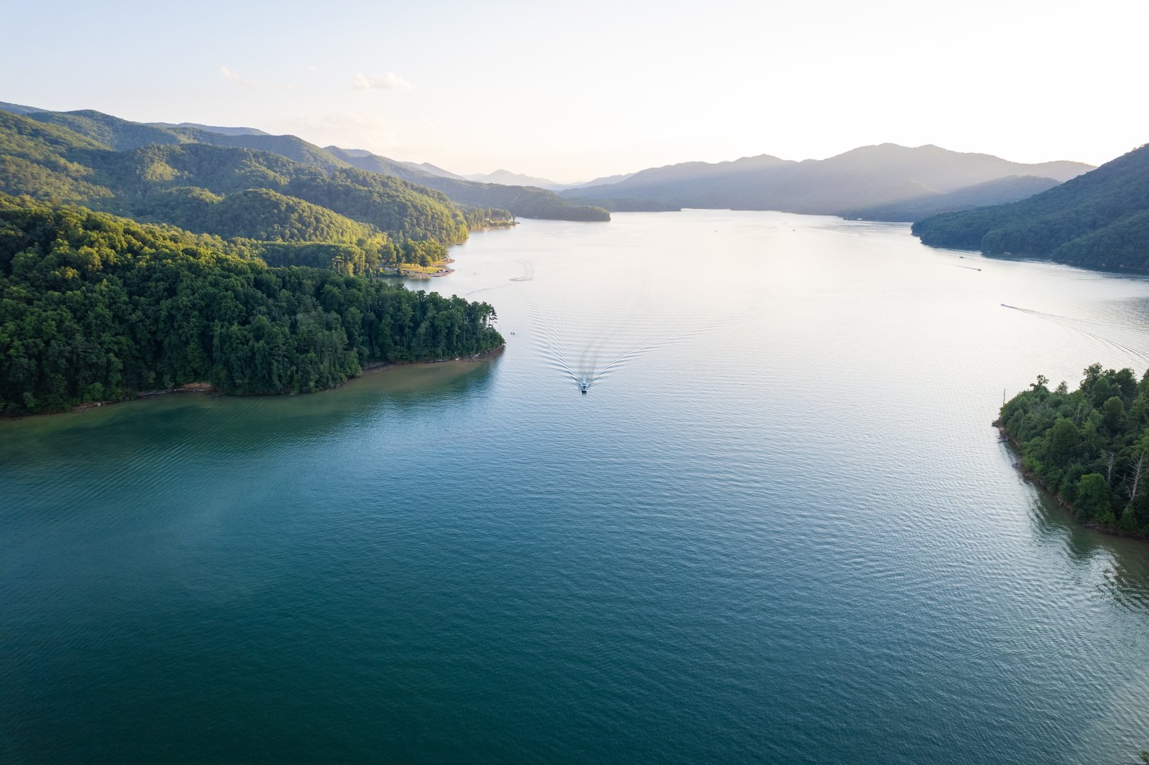 Aerial View of Watauga Lake in the Cherokee National Forest in Tennessee in the summer.