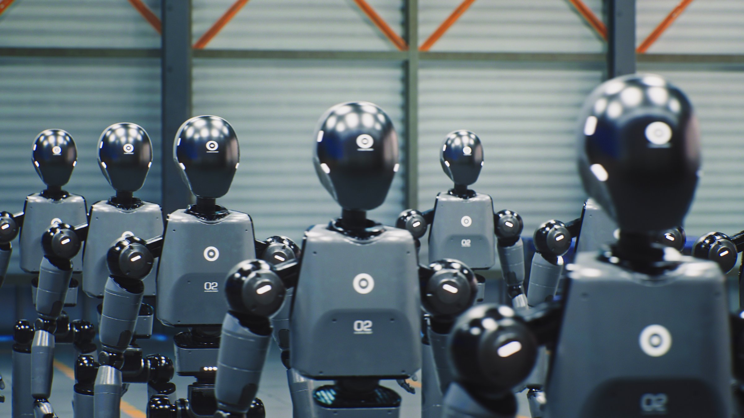 Rows Sleek Humanoid Robots Stand In Formation Under Bright Industrial Lights. Robots Standing In Perfect Order Symbolizing AI Future. AI Development, Robotics Revolution, Rise Of Intelligent Machines.