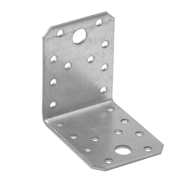 Metal L-shaped bracket with multiple holes for mounting, used in construction and woodworking.