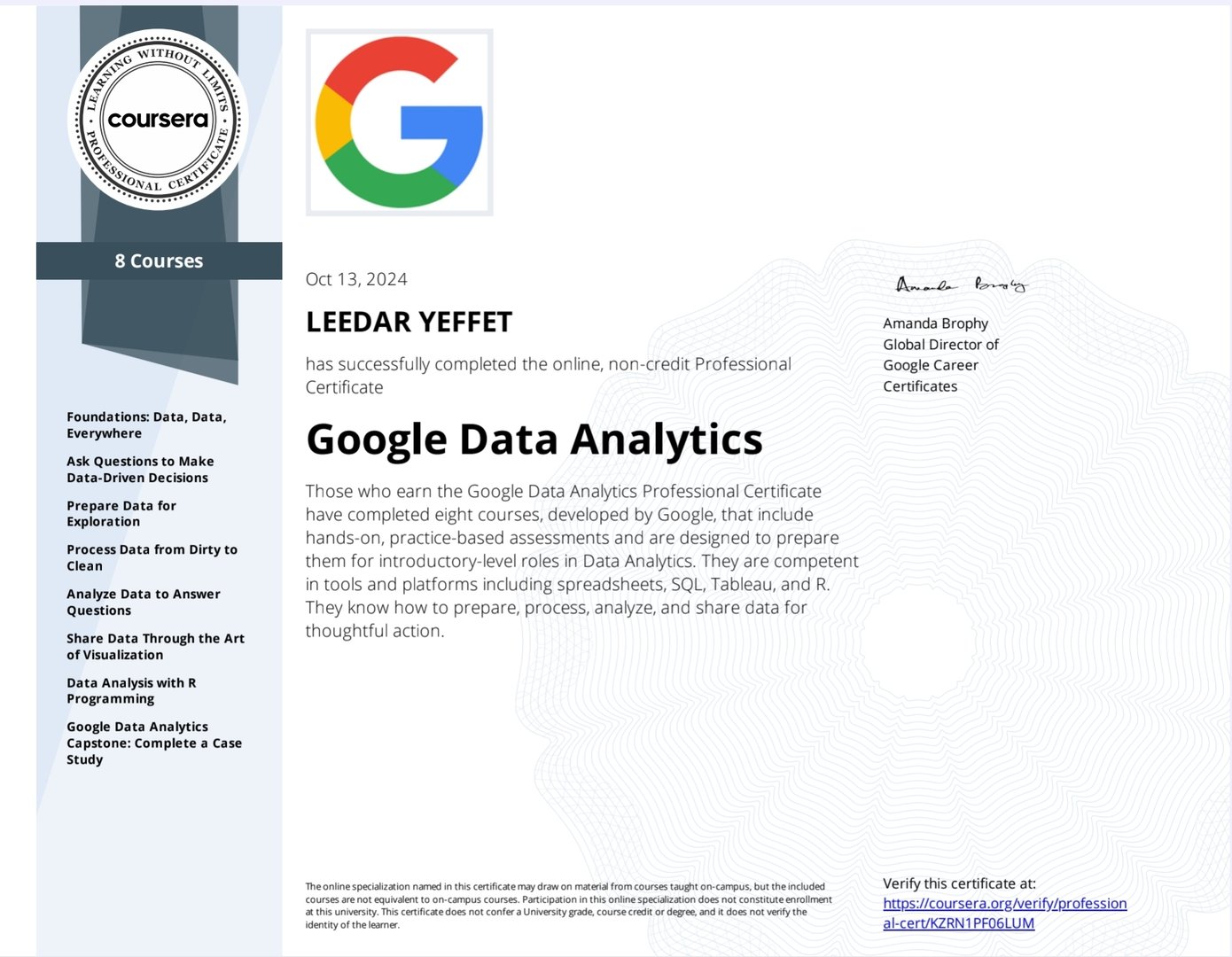 Google Data Analytics Professional Certificate from Coursera, awarded to Leedar Yeffet on Oct 13, 2024.