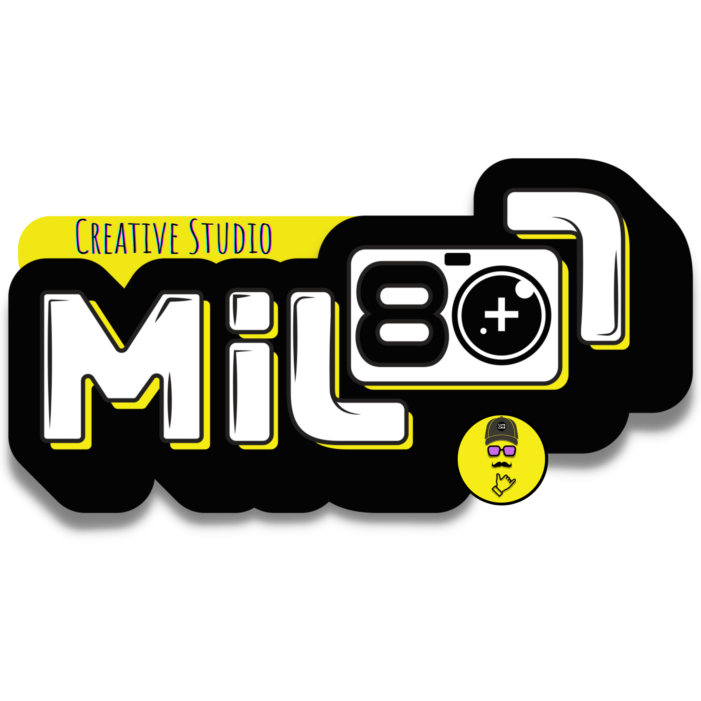 Logo for Mil80 Creative Studio with a camera graphic and a small face wearing sunglasses and a hat beneath it.