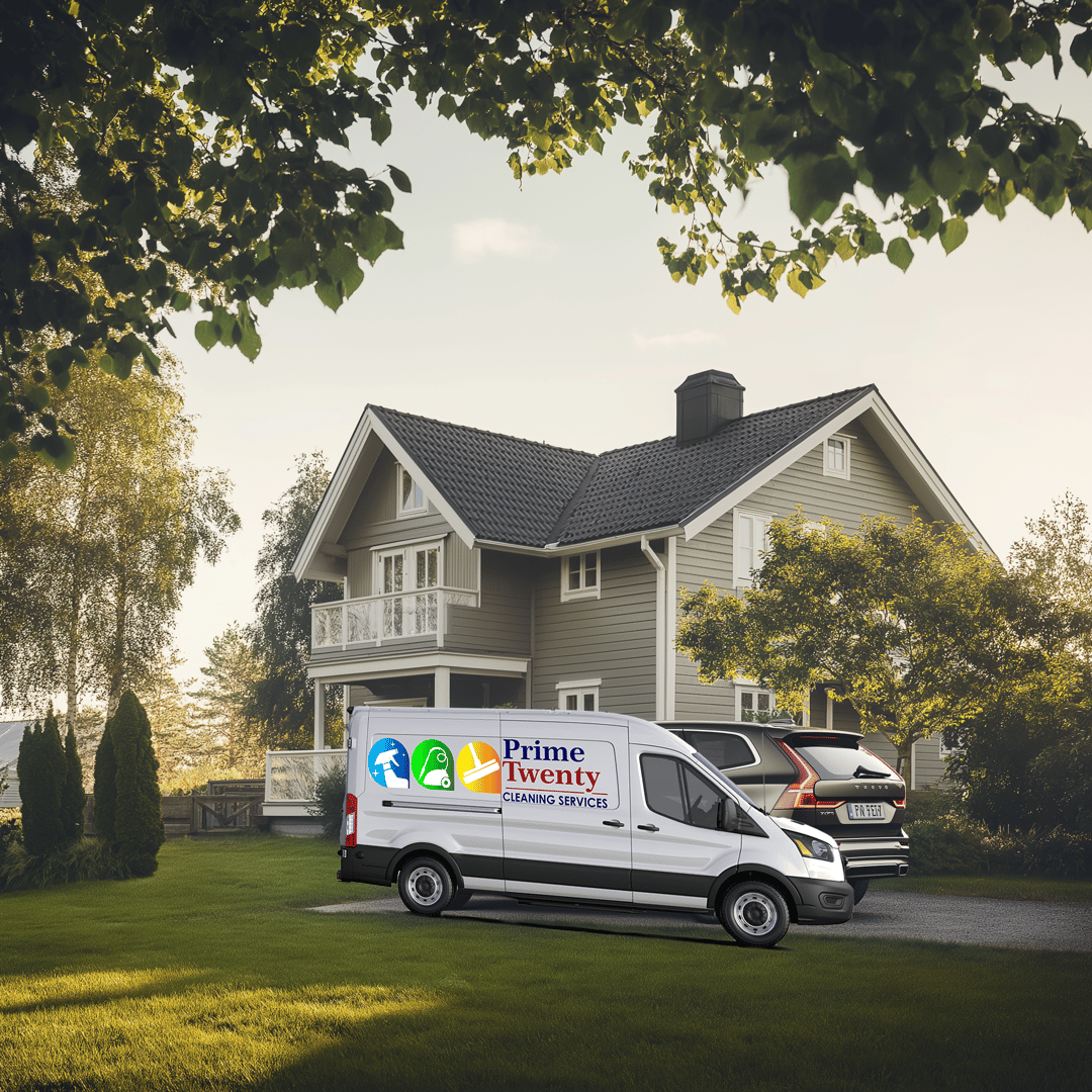 A cleaning service van parked in front of a suburban house surrounded by greenery, on a sunny day.