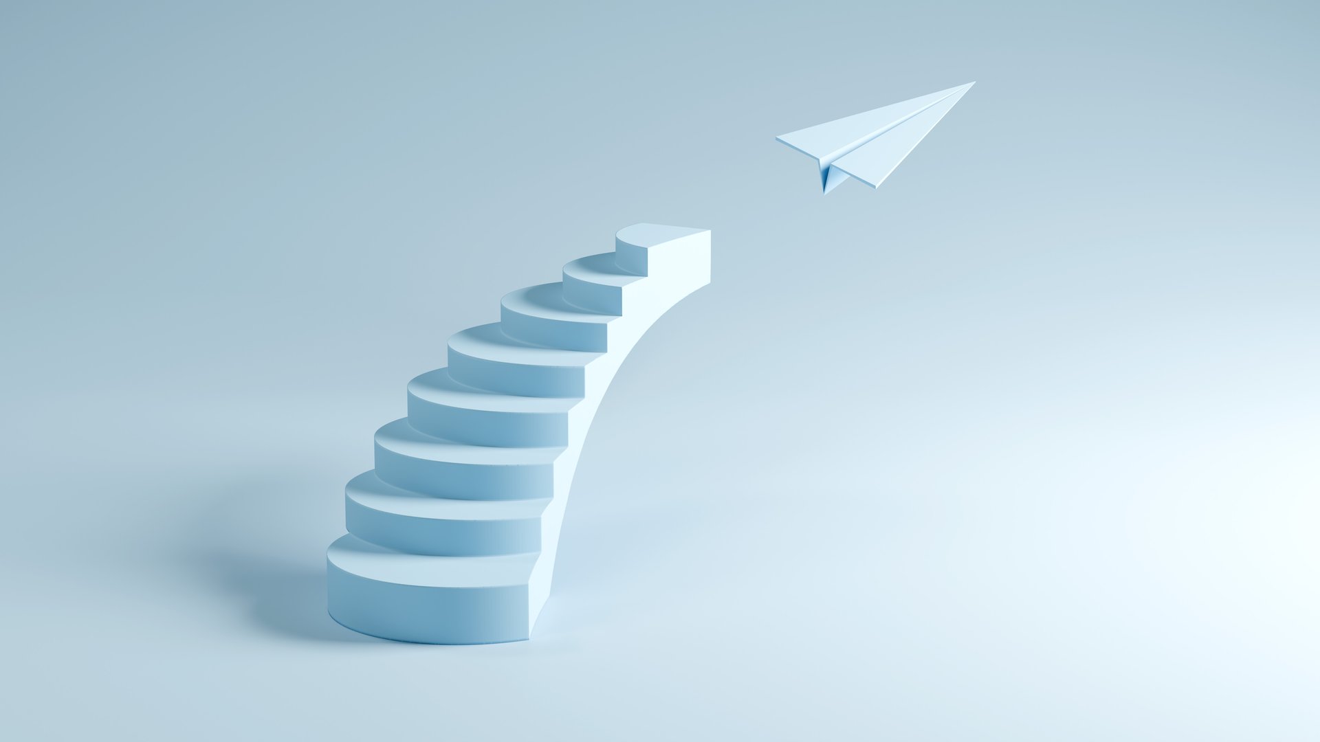 Stairs Leading to Flying Paper Plane - Success, Growth, and Freedom, 3D Render