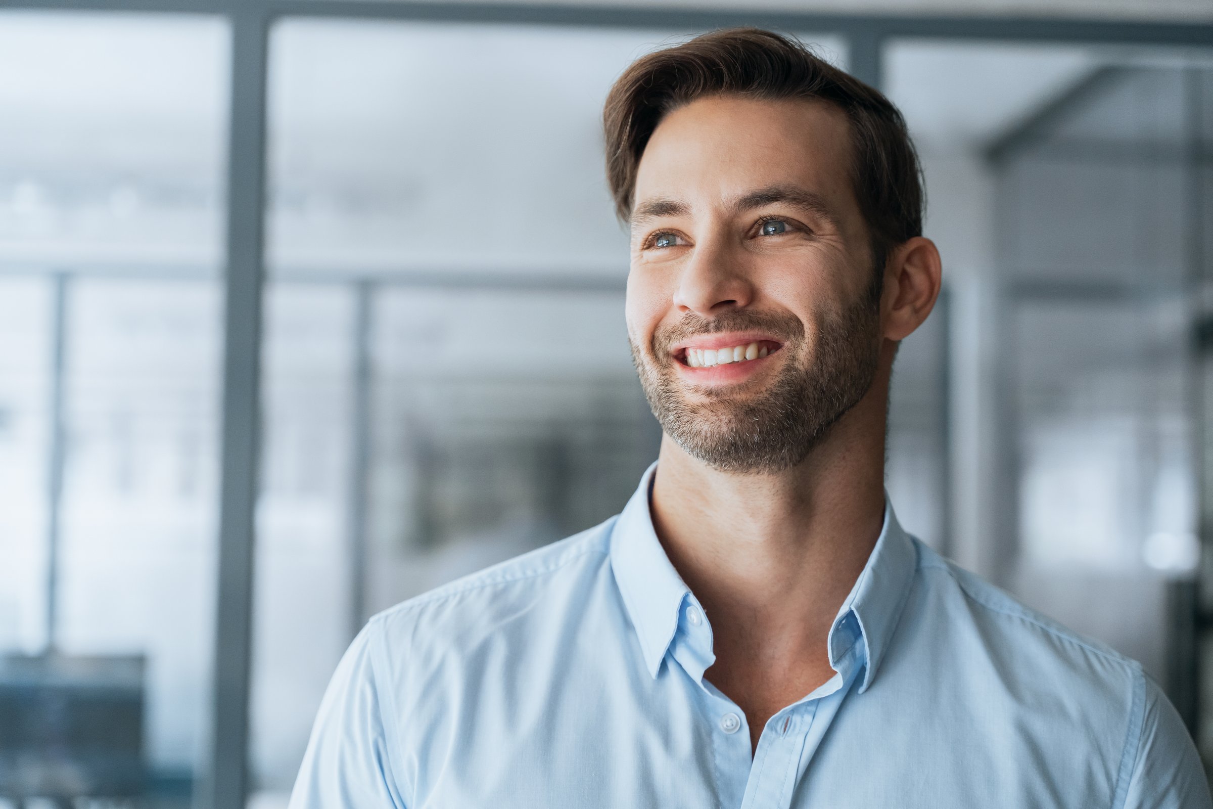 Handsome latin hispanic specialist business man employee dreaming aside. Headshot closeup portrait of european confident young good looking middle age leader, trader businessman at office workplace.