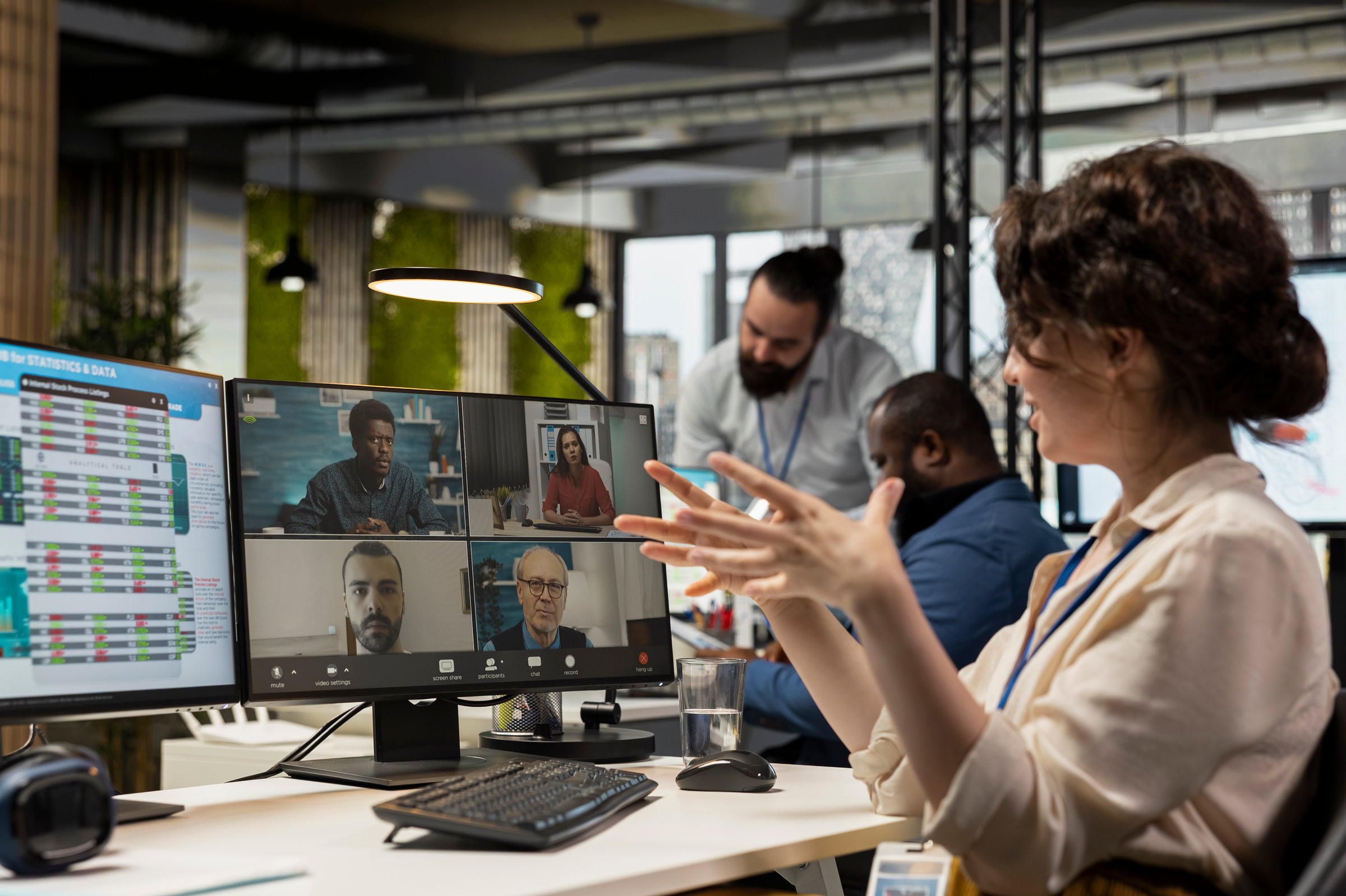 Partners meeting on web conference call to discuss allocation of resources, engaging in a business collaboration with insights presentation that guarantees professional success. Online event.