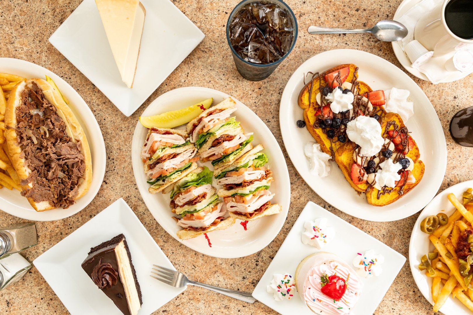 Diner food flat lay composition