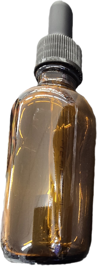 A brown glass dropper bottle with a gray rubber dropper cap, standing upright against a plain background.