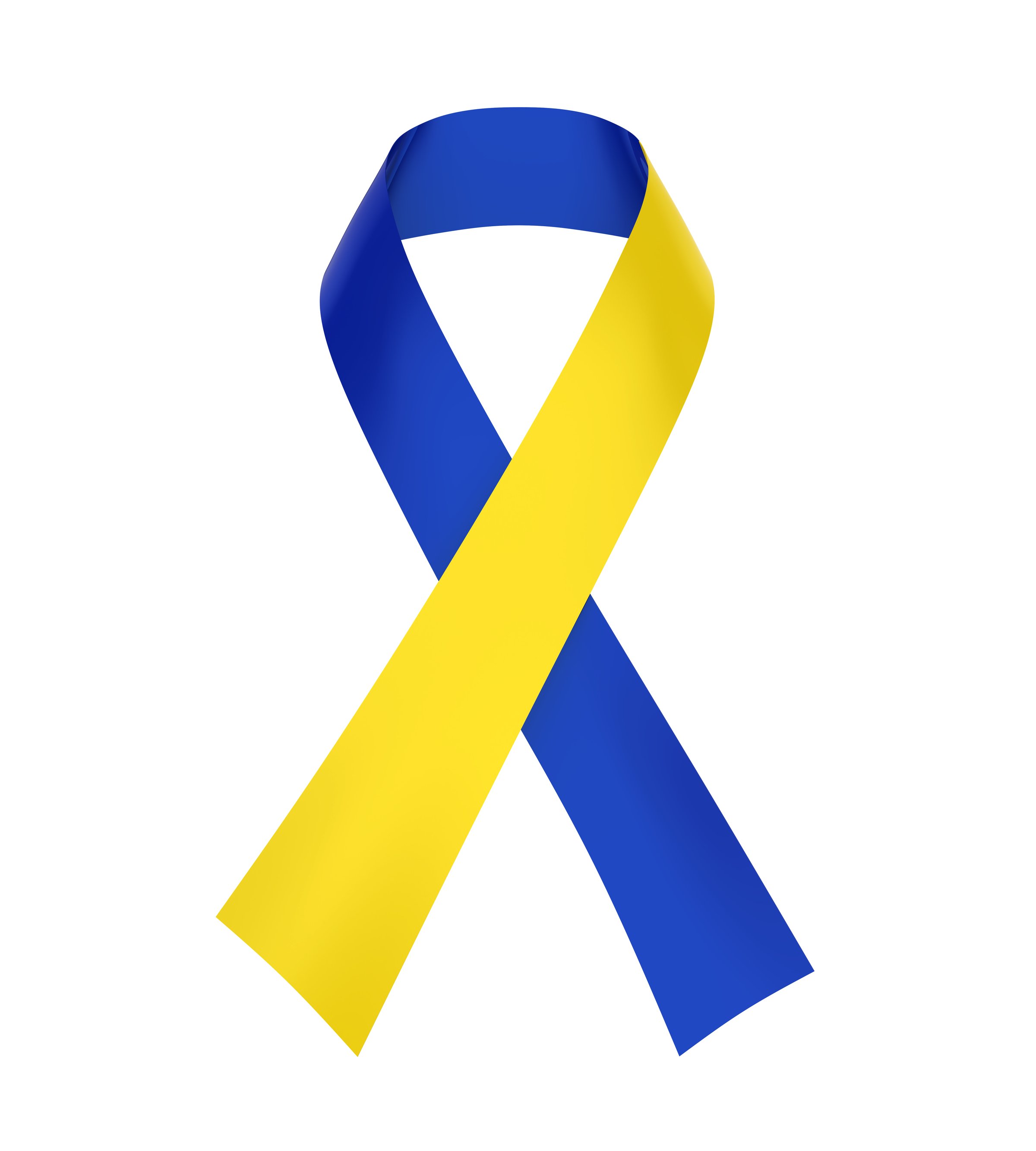 World Down Syndrome Day awareness ribbon in blue and yellow colors representing inclusion and support