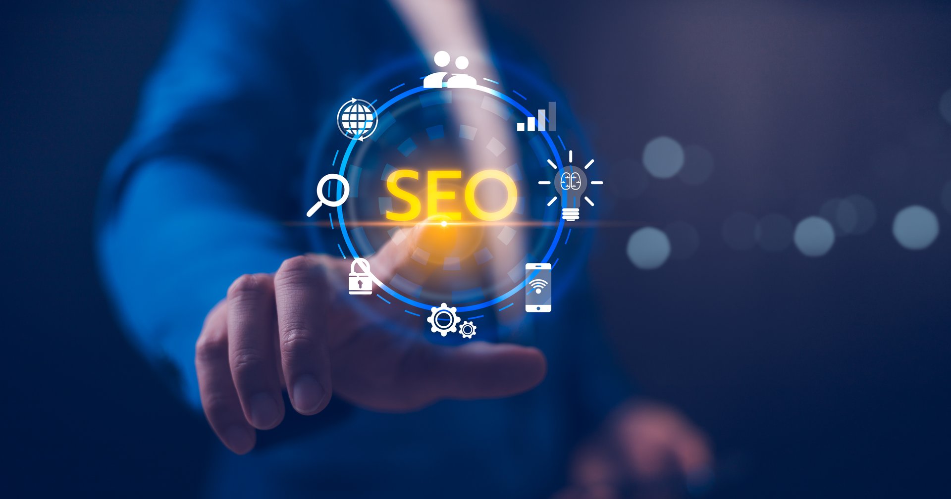 SEO Search engine optimization digital marketing business technology concept. Hand pointing SEO tools. Dominating search engine rankings through strategic optimization techniques, digital marketing.