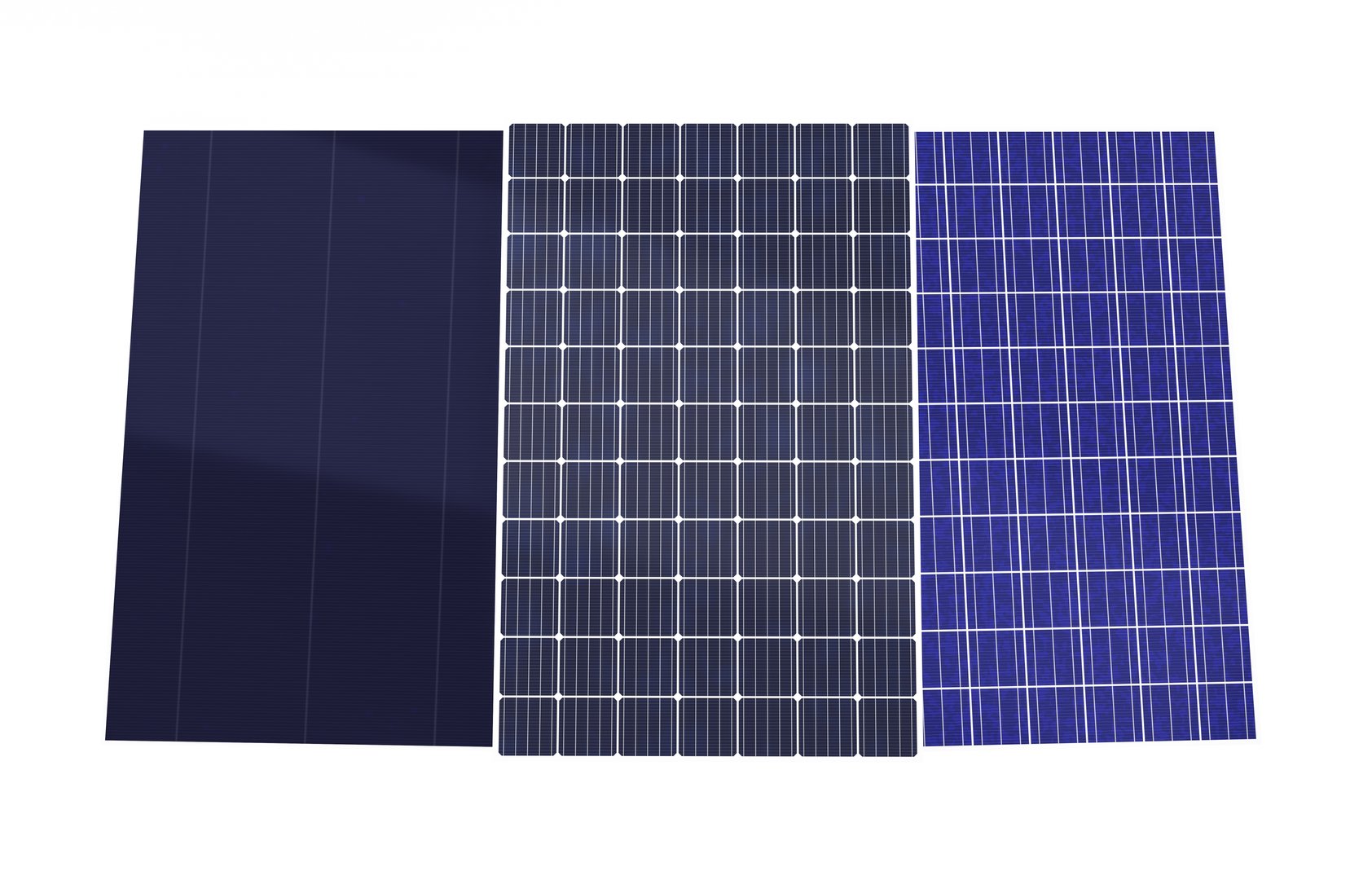 3D rendering several type of Solar Panel isolated on white background, Monocrystalline, Polycrystalline, Thin-film photovoltaic cell generate electricity