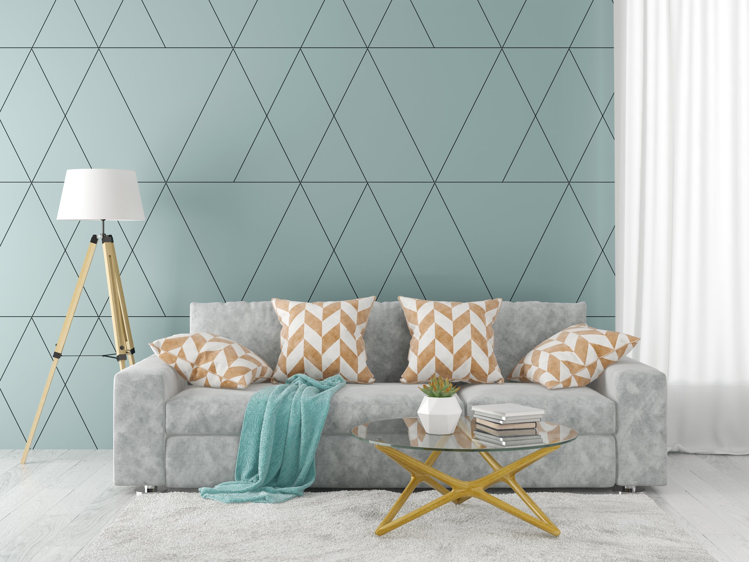 Interior of modern living room with sofa and furniture 3 D rendering