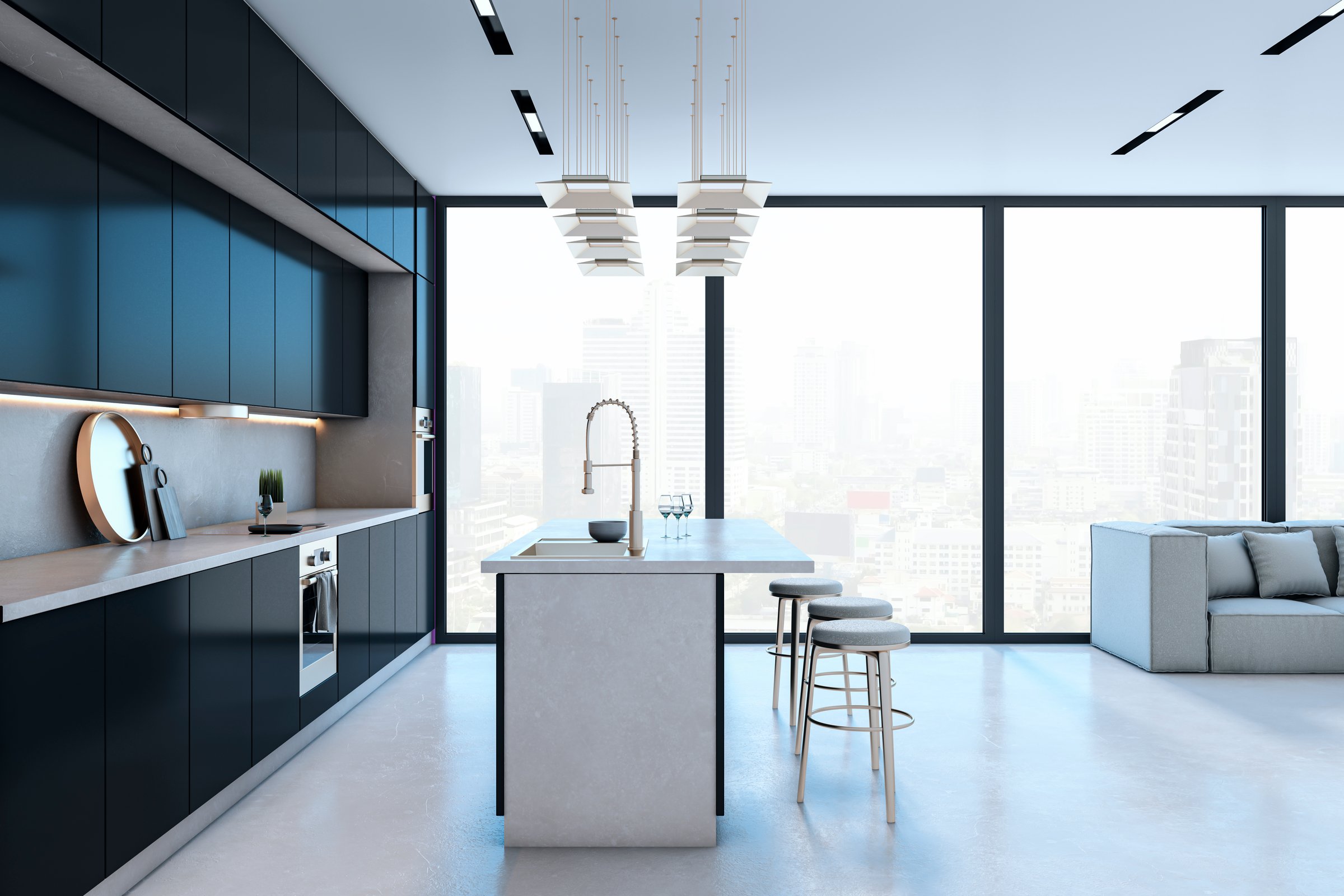 Elegant kitchen interior with black cabinets, island, and city view through large windows. Modern design with stylish lighting and decor. 3D Rendering