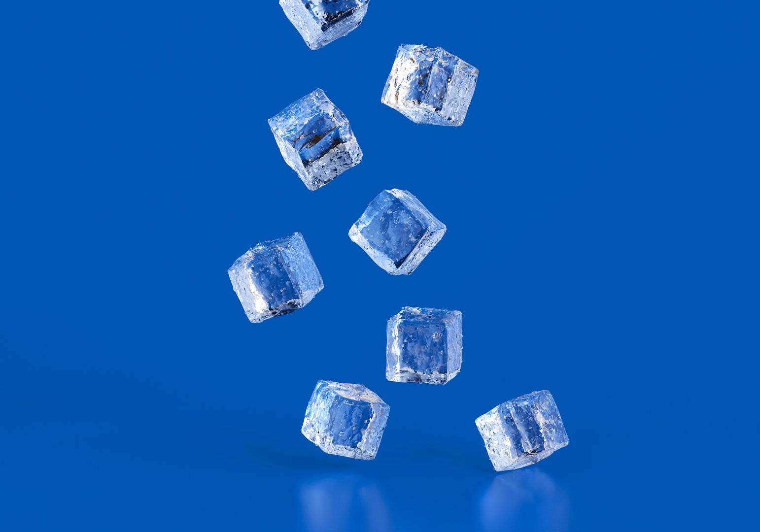 Falling ice cube, isolated on blue background