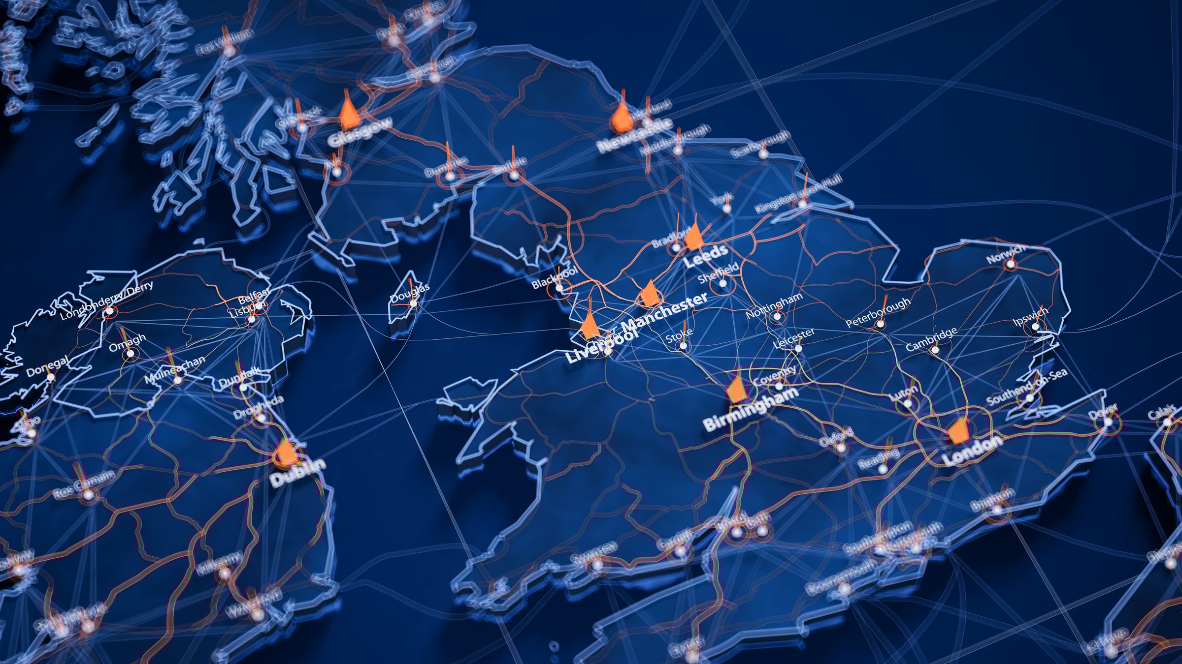 Liverpool map big data visualization. Futuristic map infographic of city in England. Visual map data complexity in modern blue and orange colors.