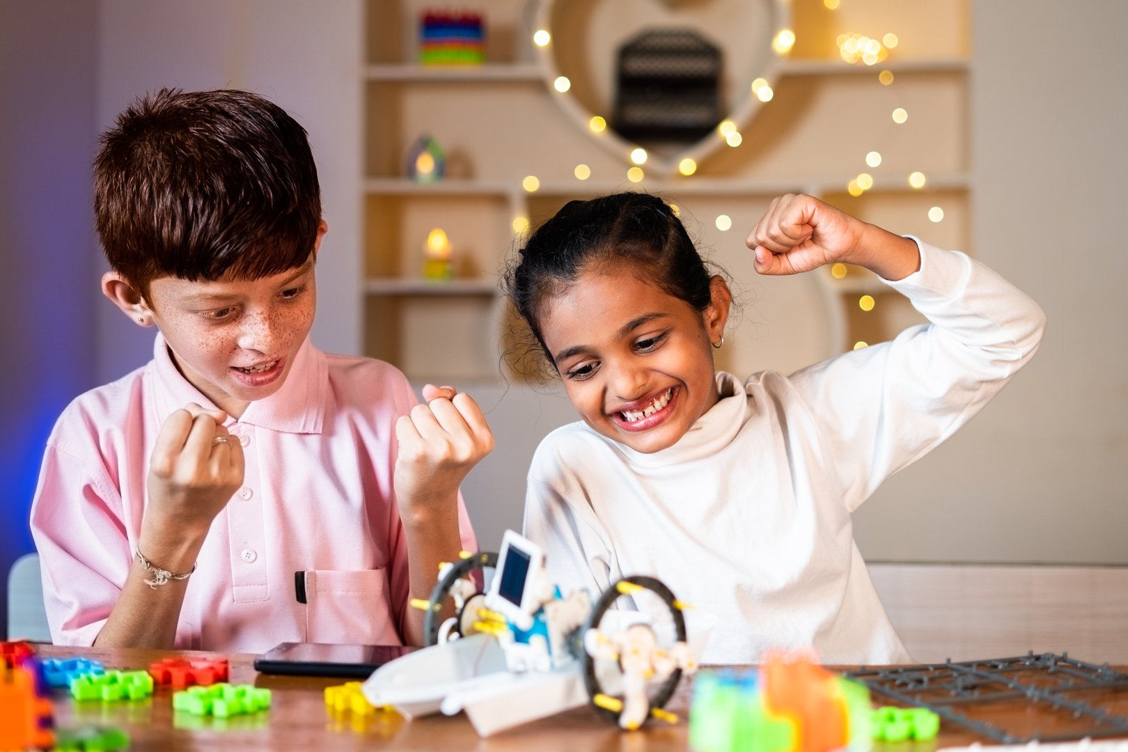 Kids got excited and celebrating after successful completion of making diy robot at home - concept of childhood science experiment, siblings bonding and education.