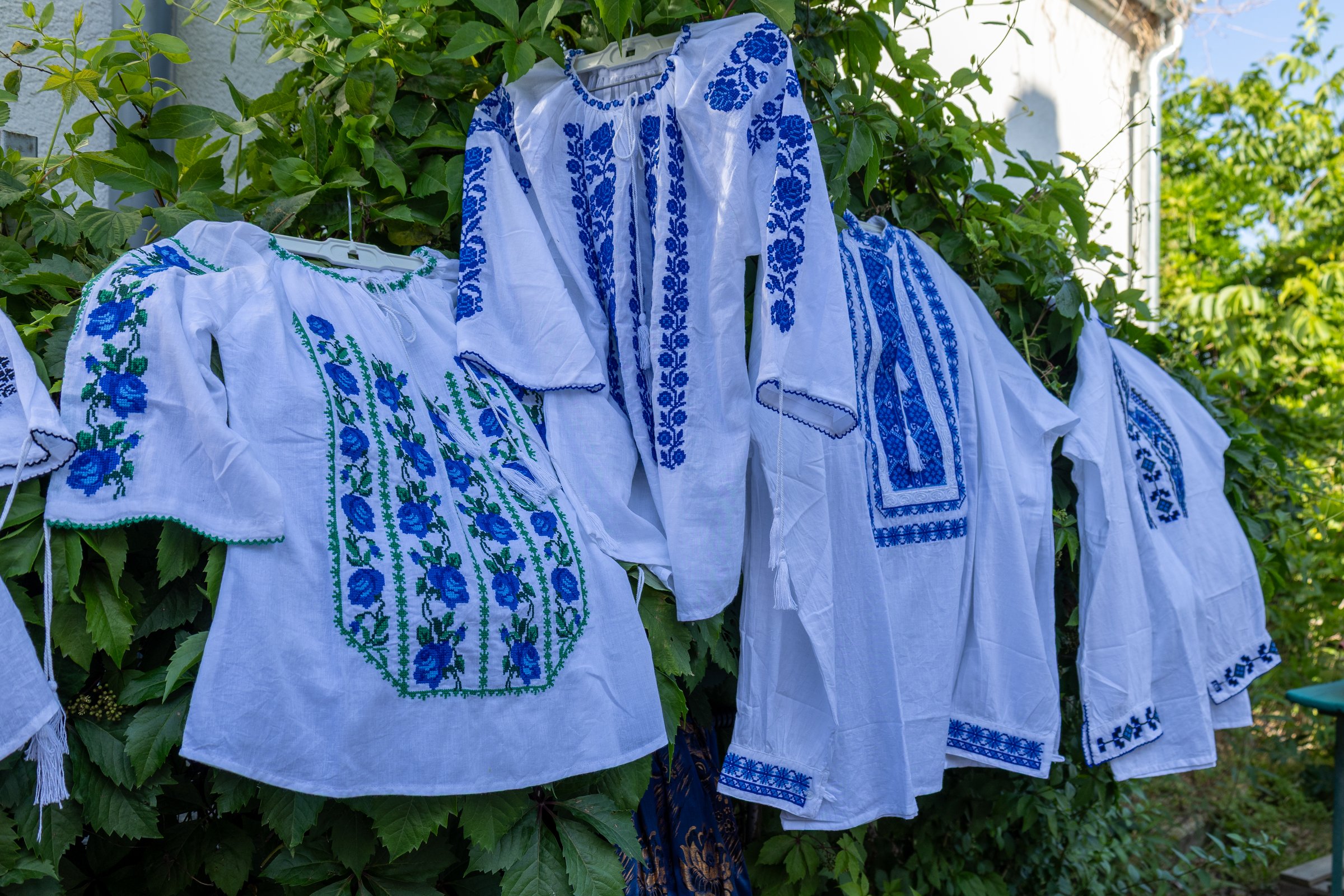 A row of white blouses featuring intricate blue embroidery hangs outdoors against a backdrop of lush green leaves. The floral and geometric patterns are characteristic of Eastern European folk traditions, evoking a sense of cultural identity and artisanal craftsmanship.