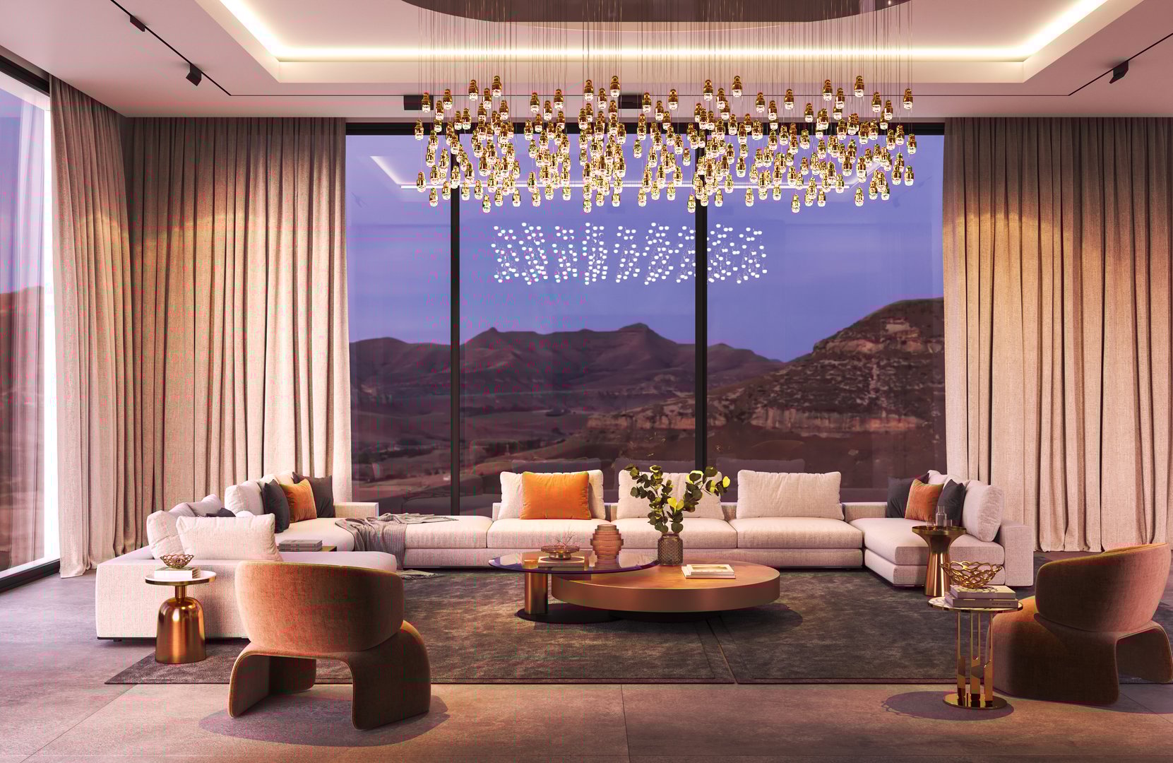 Chic and stylish living room that features contemporary modern decor along with stunning mountain views outside, 3d rendering
