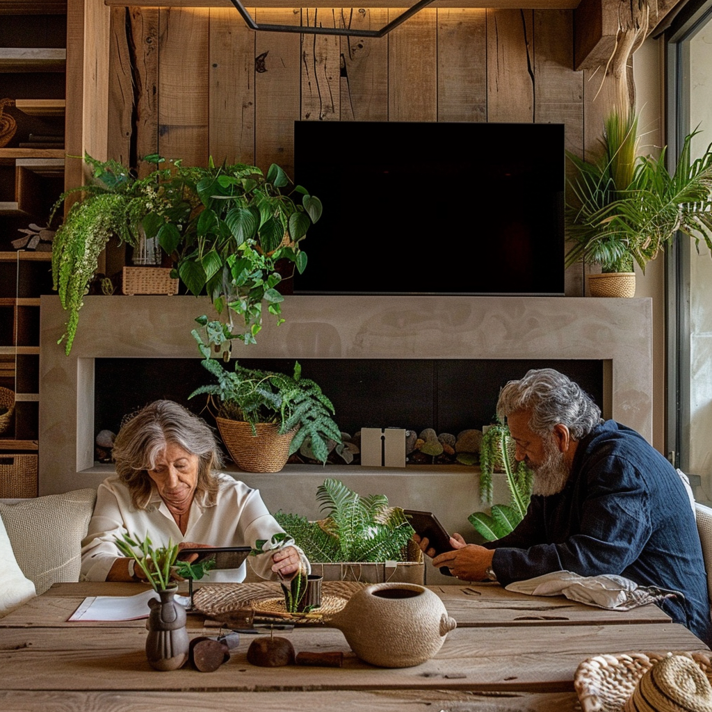 Two elderly people sitting at a wooden table using tablets in a plant-filled living room with a mounted TV on the wall.