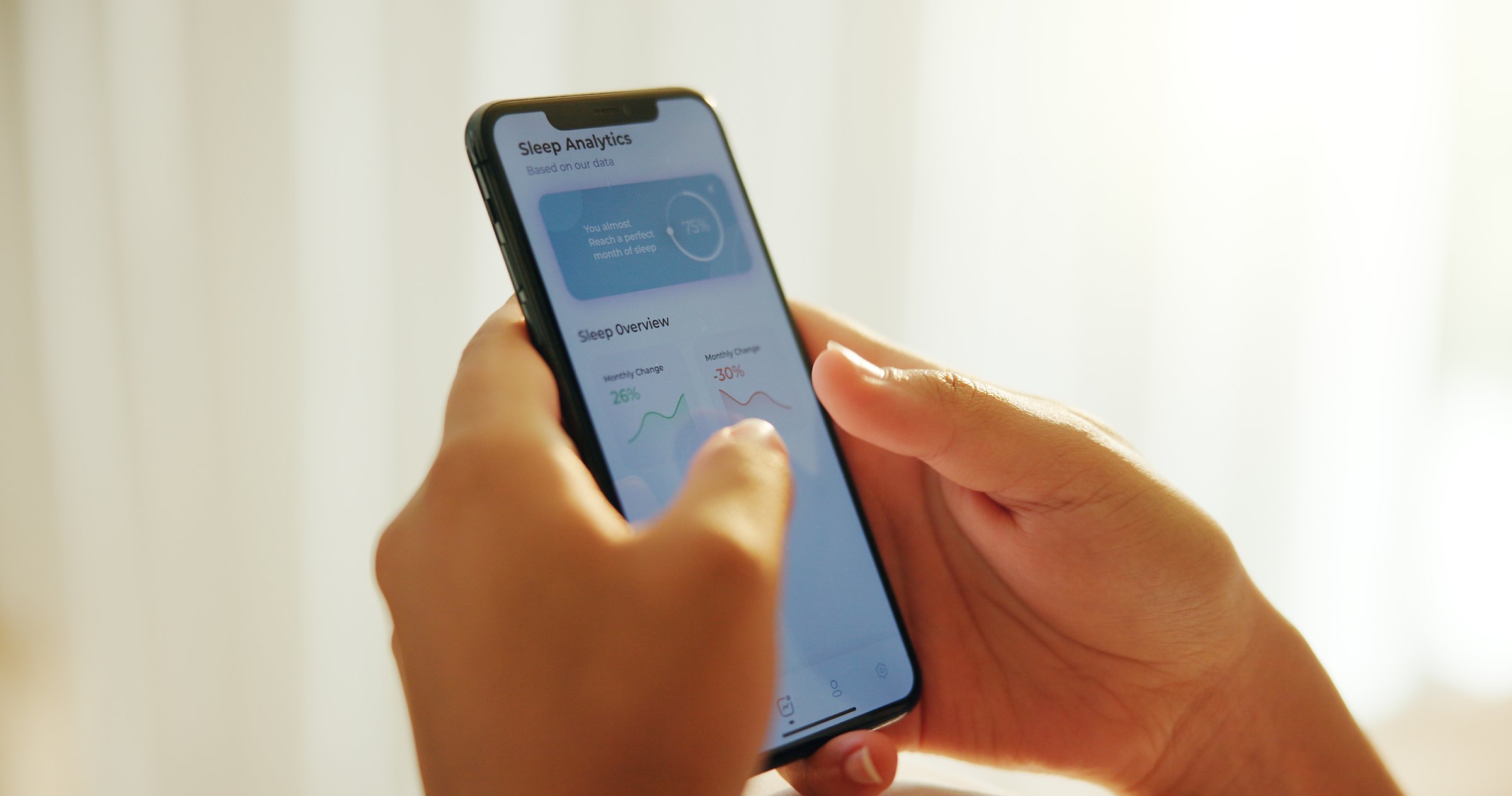 Phone screen, app and hands of person in bedroom for sleeping schedule, wellness data and circadian rhythm tracking. Health monitor, online and calendar with closeup of ux on mobile at home.