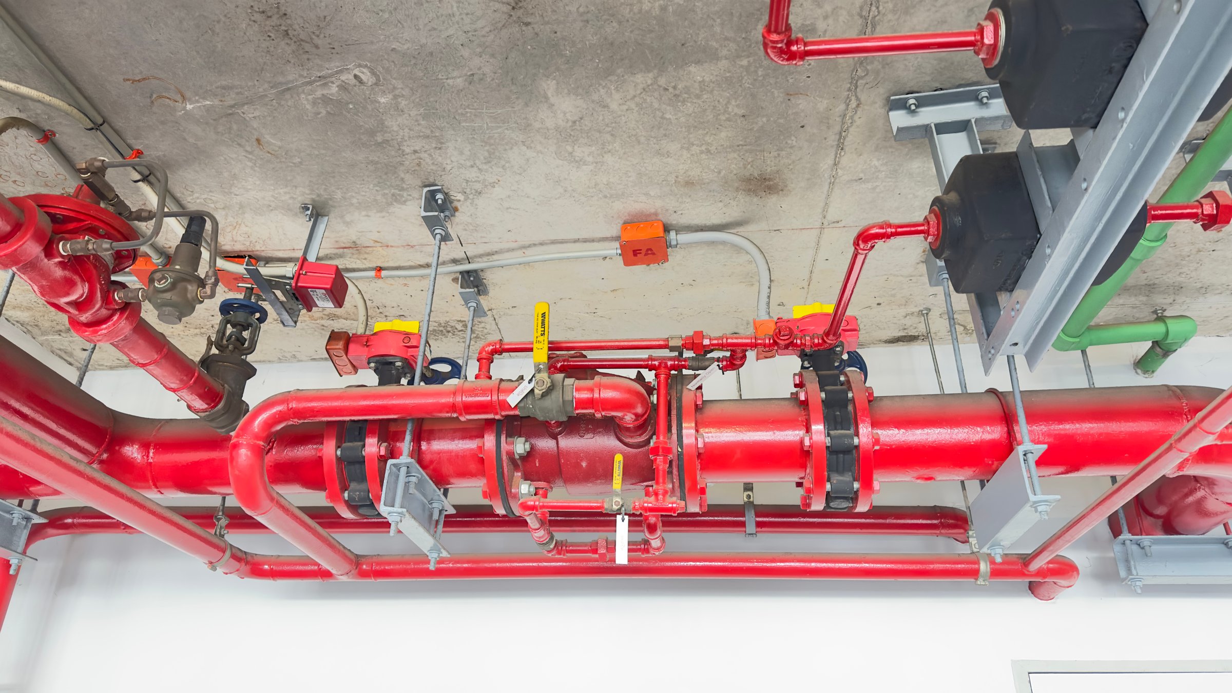Red fire suppression piping system with pressure-controlled pipes valves electrical connections and C-channel steel support mounted under ceiling ideal for technical articles social media posts
