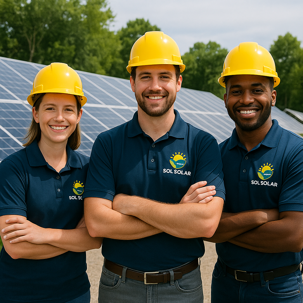 Three smiling workers wearing yellow hard hats and Sol Solar shirts stand with arms crossed in front of solar panels.