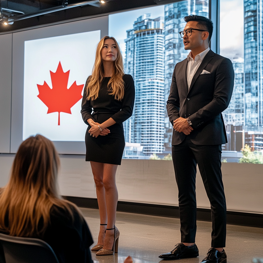 Confident Caucasian female and Asian male agency representatives