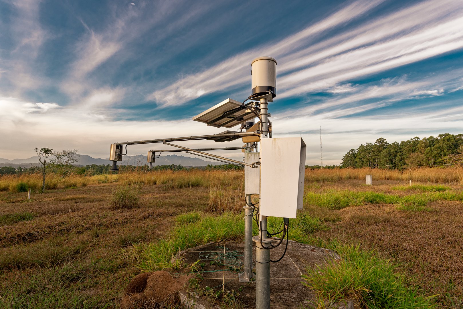 Field weather station with soil moisture sensors installed in agricultural field