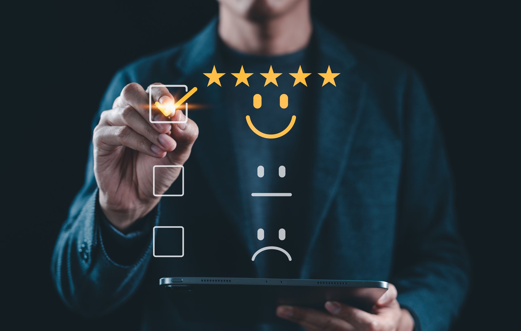 Customer satisfaction survey with five star rating and feedback. Person selecting five-star rating and happy face icon, satisfaction, positive user experience, quality feedback, service evaluation,
