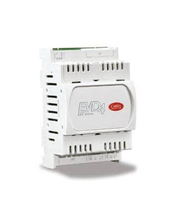 Electronic device labeled EVD4 in a white casing with connectors and vents, likely used in electrical or industrial settings.