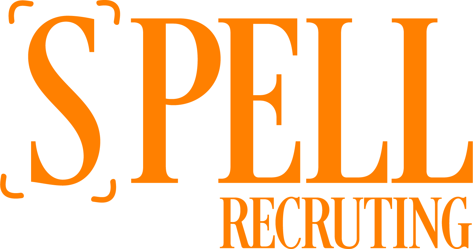 Spell Recruiting logo in orange capital letters on a transparent background.