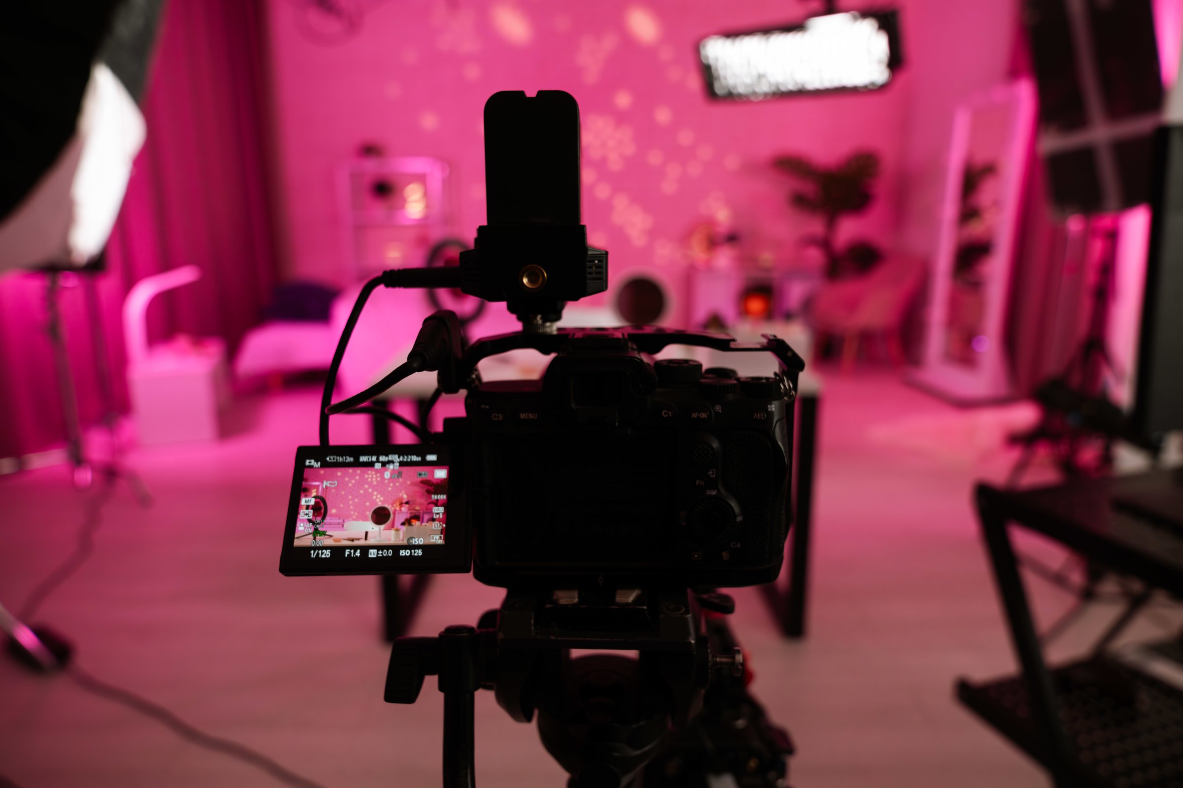 Backstage. The camera screen during the live broadcast, showing a warmly lit pink room.