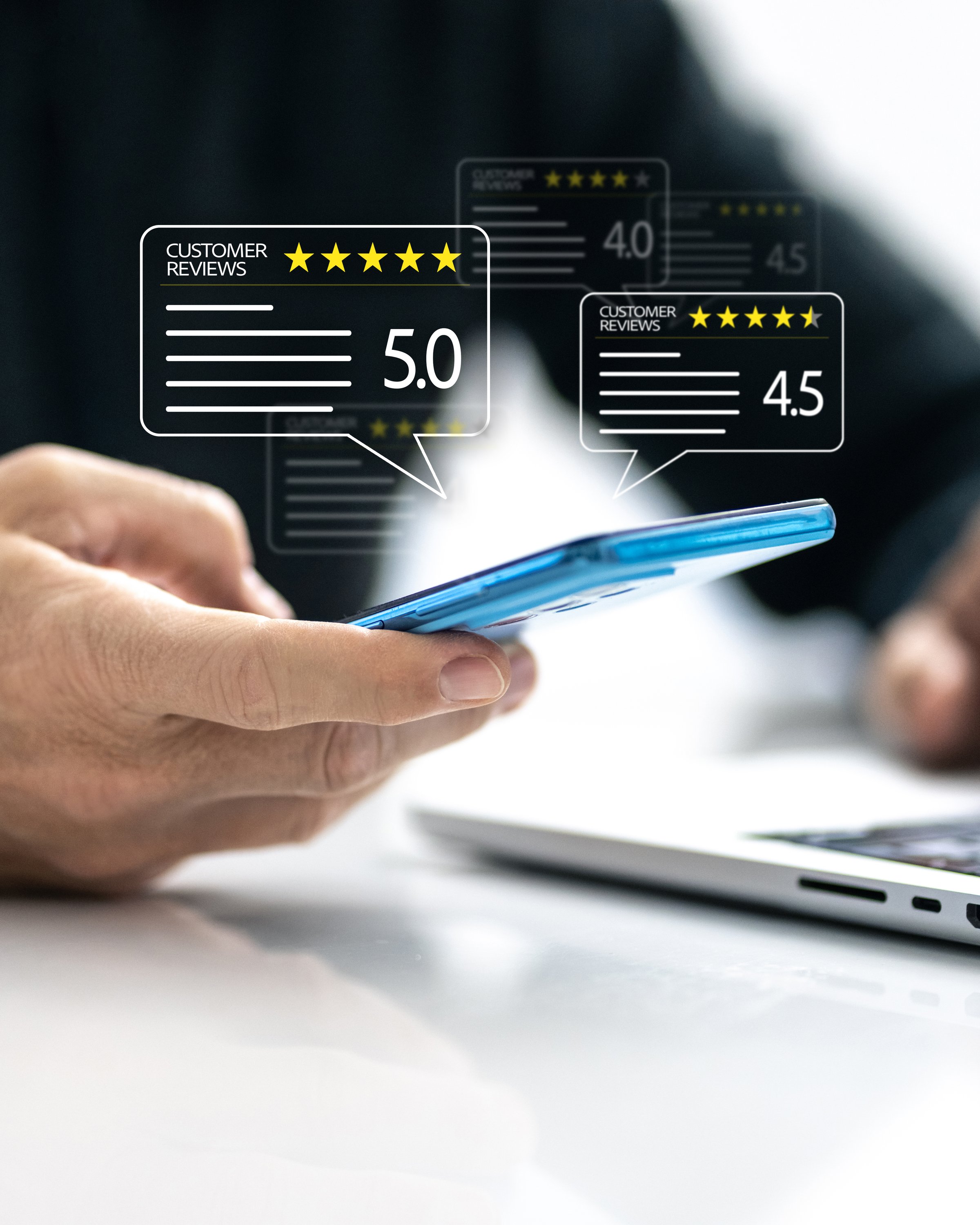 Customer review satisfaction feedback concept. Man evaluate quality of service for business ranking