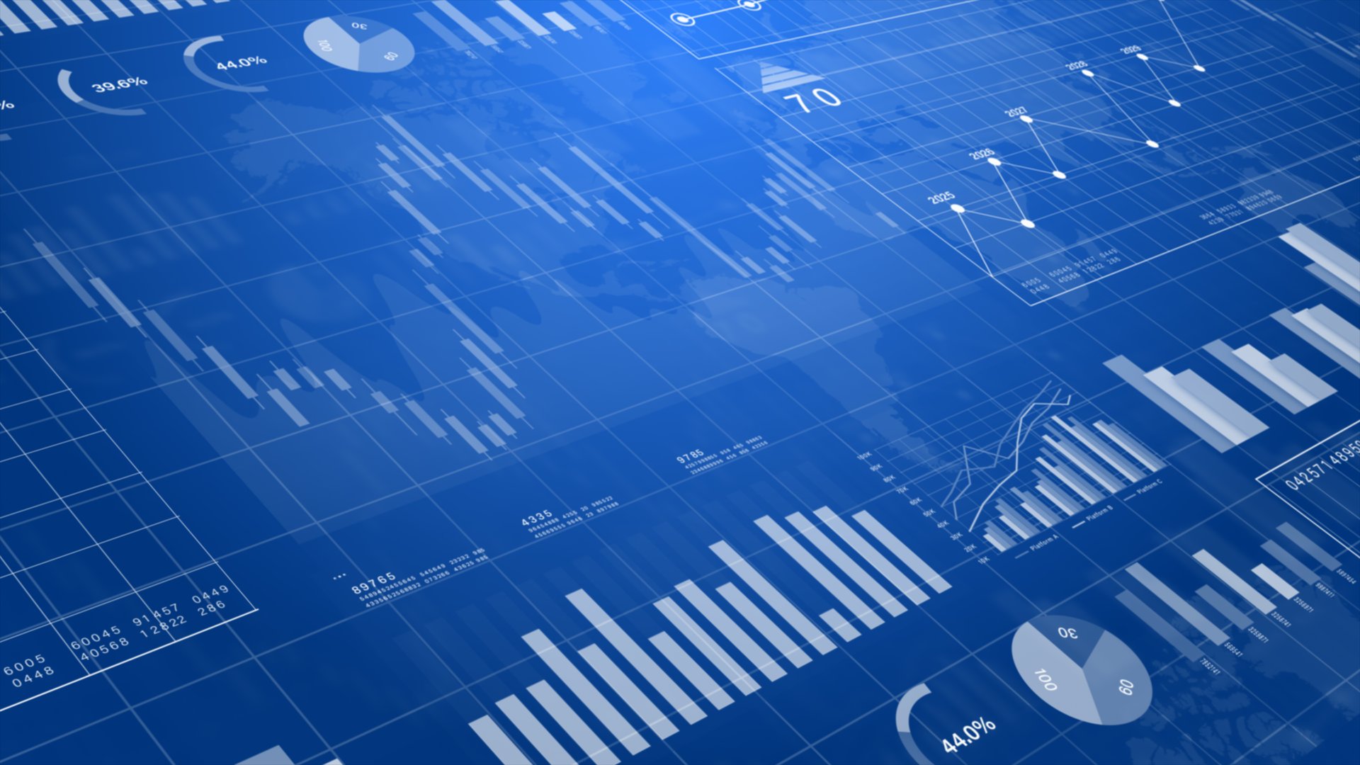 Futuristic digital interface of business data, charts, and graphs on blue background. Suitable for finance, analytics, data science, and technology concepts. 3d Rendering