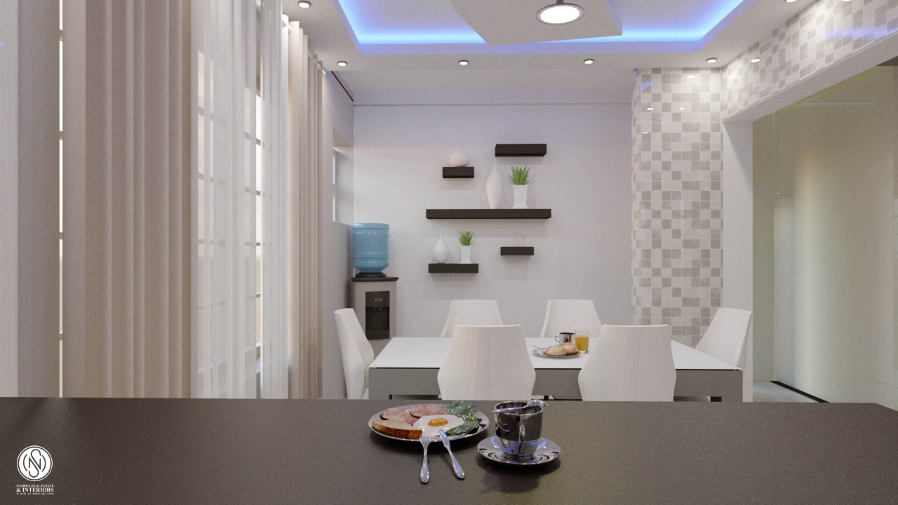 Modern dining room with white chairs, table, wall shelves, and a water cooler. A breakfast plate and cup on the counter.