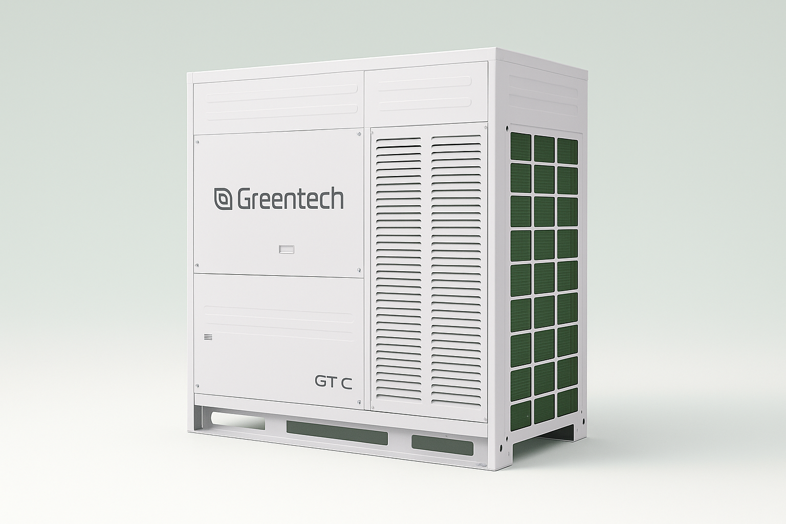 White Greentech air conditioning unit with green vents and GT C model label.