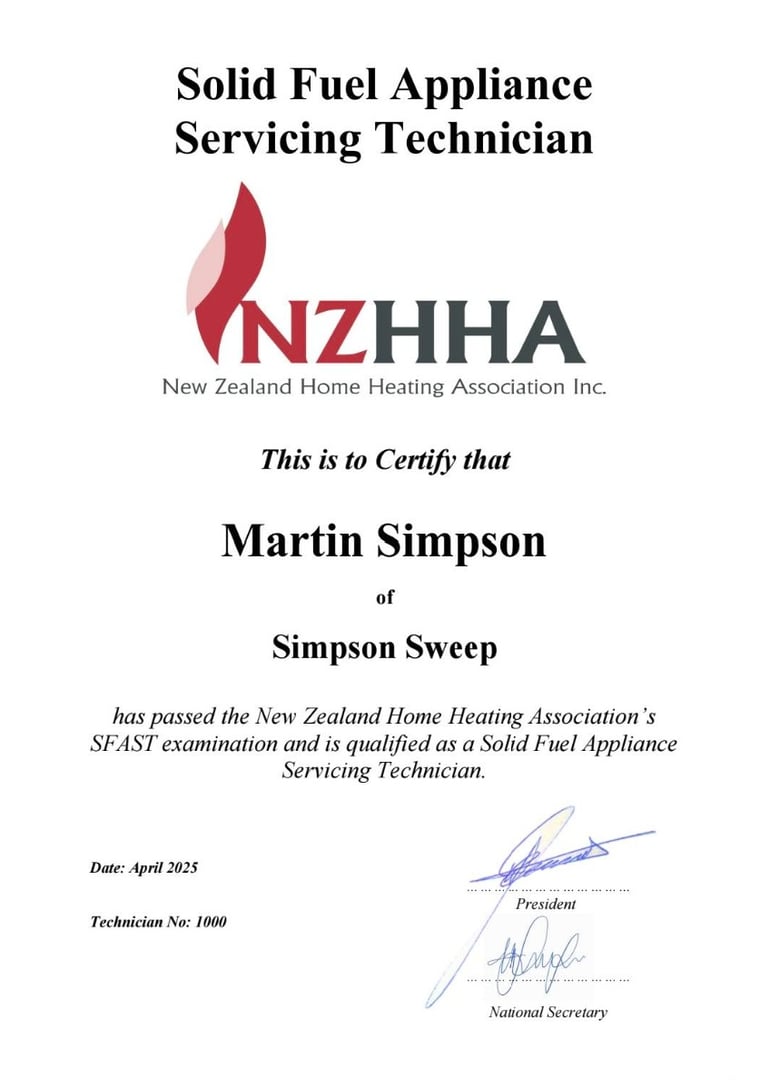 NZHHA Solid Fuel Appliance Servicing Technician Certificate awarded to Martin