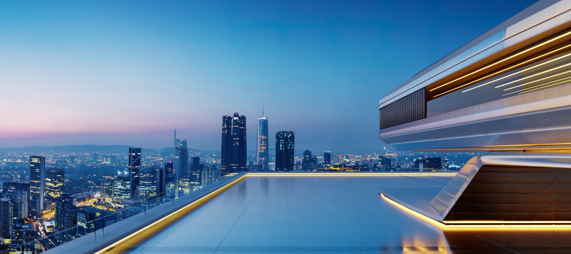 Modern rooftop lounge with stunning cityscape view during sunset, offering luxurious and futuristic ambiance. 3D rendering